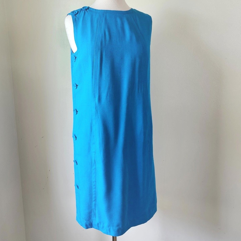 Vintage 60s Sky Blue Handmade Mod Go Go Shift Sack Dress Pockets Buttons S/M